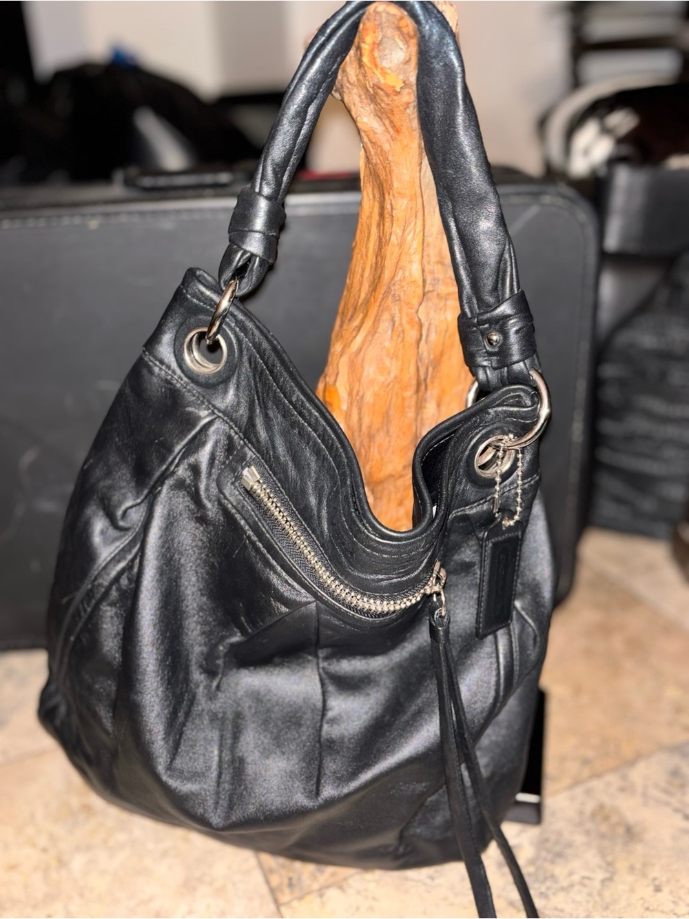 Coach Black Leather Shoulder Hobo with Tassel Zip